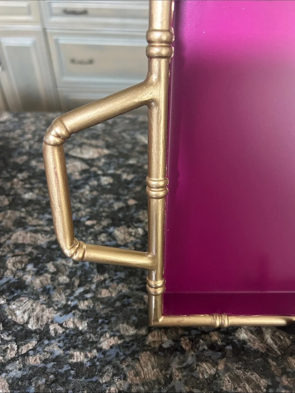ASHLEY FUSHIA & GOLD METAL TRAY W BAMBOOEDGE AND HANDLES NWT